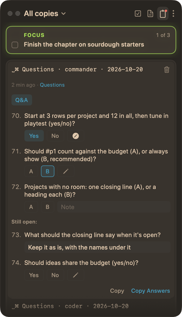A list of questions with Yes and No chips, lettered options, a recommended one already picked, and a note field open beside the chips