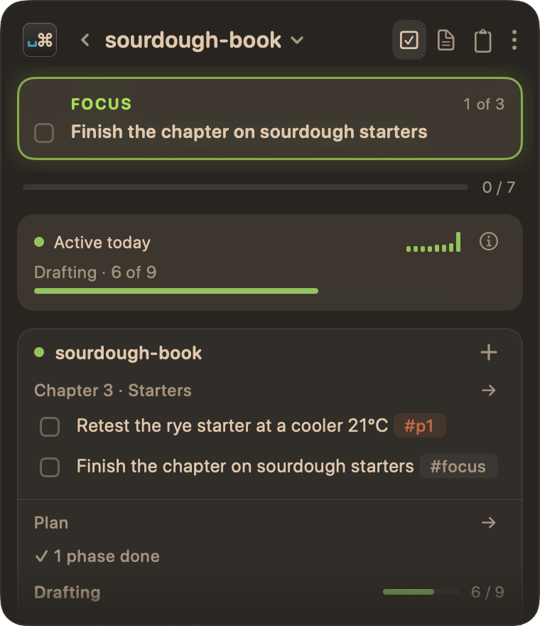 The sourdough-book project in the panel. The focus card, "Finish the chapter on sourdough starters", shows "1 of 3", with the progress line under it. In the list below, the same task shows as a row with its #focus tag.