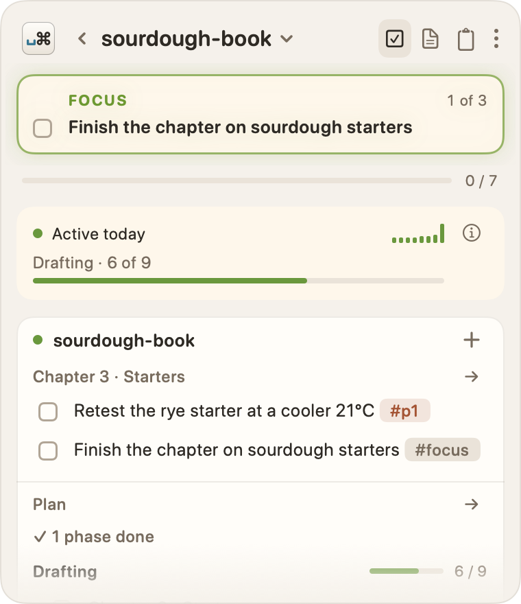 The sourdough-book project in the panel. The focus card, "Finish the chapter on sourdough starters", shows "1 of 3", with the progress line under it. In the list below, the same task shows as a row with its #focus tag.