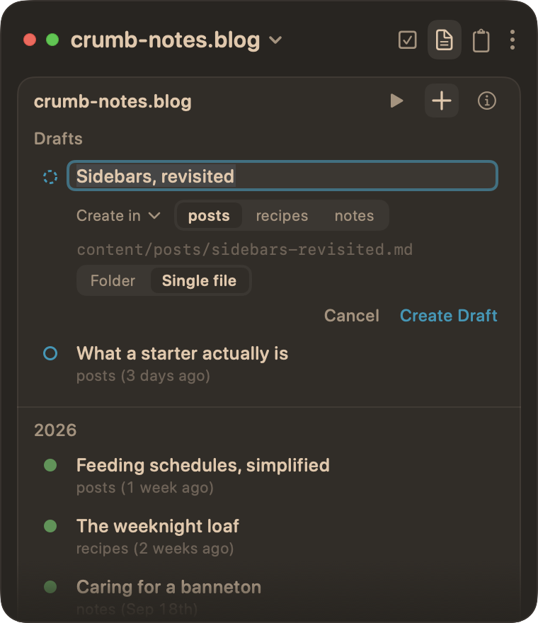 The crumb-notes.blog site with a new post row at the top of Drafts. The title reads "Sidebars, revisited". Under it, Create in offers posts, recipes, and notes, with posts picked. The file it will make, content/posts/sidebars-revisited.md, shows above a Folder and Single file switch, then Cancel and Create Draft.