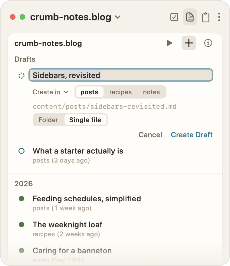 The crumb-notes.blog site with a new post row at the top of Drafts. The title reads "Sidebars, revisited". Under it, Create in offers posts, recipes, and notes, with posts picked. The file it will make, content/posts/sidebars-revisited.md, shows above a Folder and Single file switch, then Cancel and Create Draft.