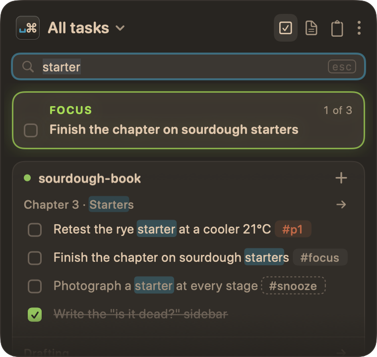 A search for "starter" in All tasks. Among the matches, "Photograph a starter at every stage" is dimmed, with its #snooze tag.