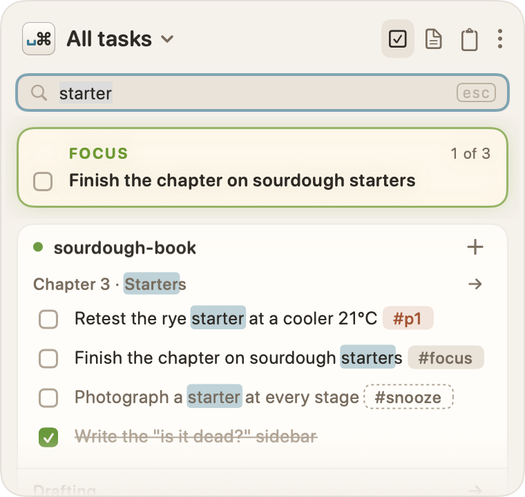 A search for "starter" in All tasks. Among the matches, "Photograph a starter at every stage" is dimmed, with its #snooze tag.