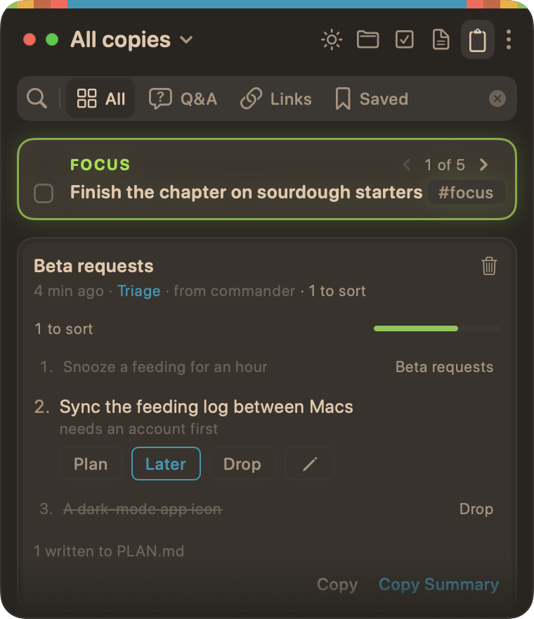 The same copy with its first item planned and its third dropped. Each folds to one faint line, with where it went at its right: Beta requests, and Drop, struck through. The count reads "1 to sort", and the foot reads "1 written to PLAN.md".
