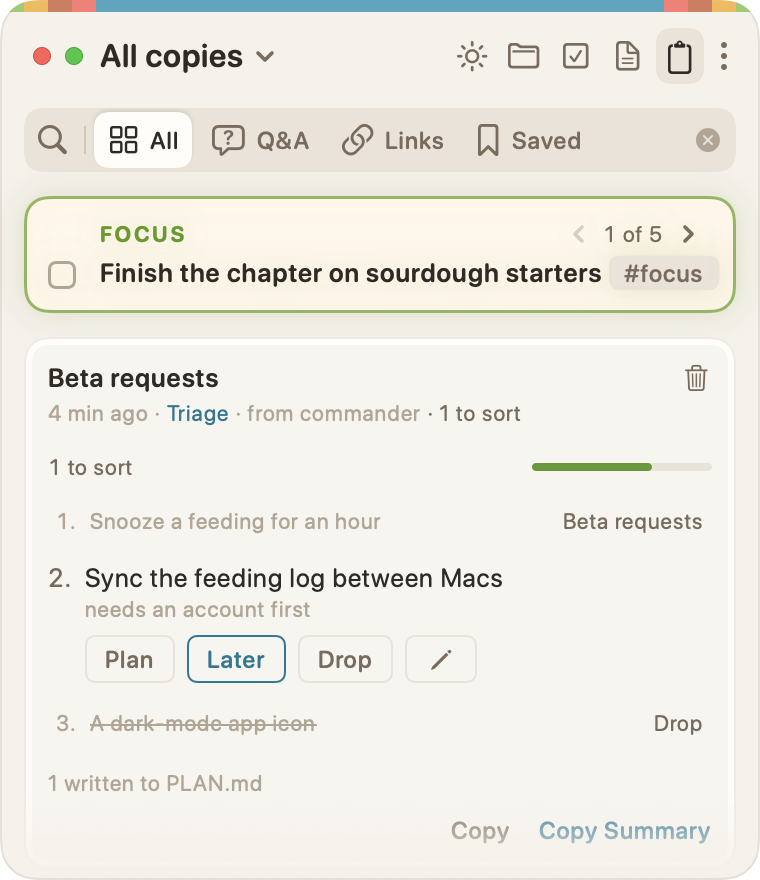 The same copy with its first item planned and its third dropped. Each folds to one faint line, with where it went at its right: Beta requests, and Drop, struck through. The count reads "1 to sort", and the foot reads "1 written to PLAN.md".