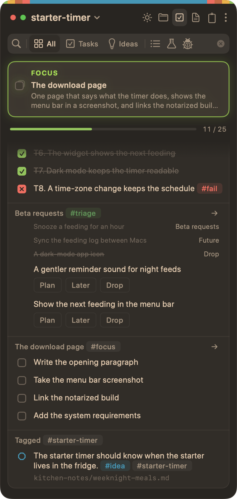 The starter-timer project on Tasks, scrolled to its end. The section "Beta requests", with its #triage chip, folds its three sorted lines to faint ones, with Beta requests, Future, and Drop at their right. The two still to sort follow, each with Plan, Later, and Drop.