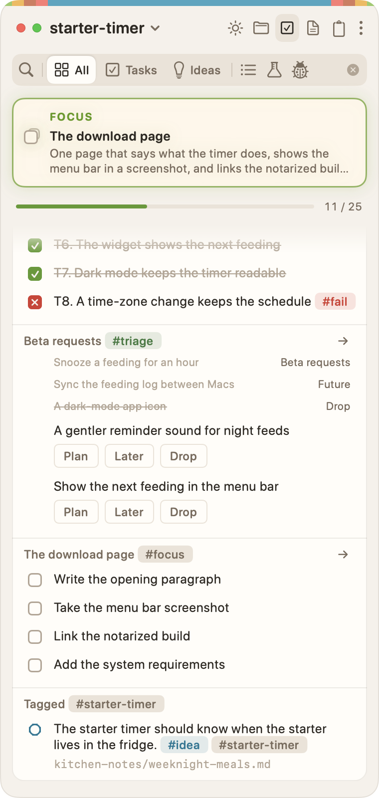 The starter-timer project on Tasks, scrolled to its end. The section "Beta requests", with its #triage chip, folds its three sorted lines to faint ones, with Beta requests, Future, and Drop at their right. The two still to sort follow, each with Plan, Later, and Drop.