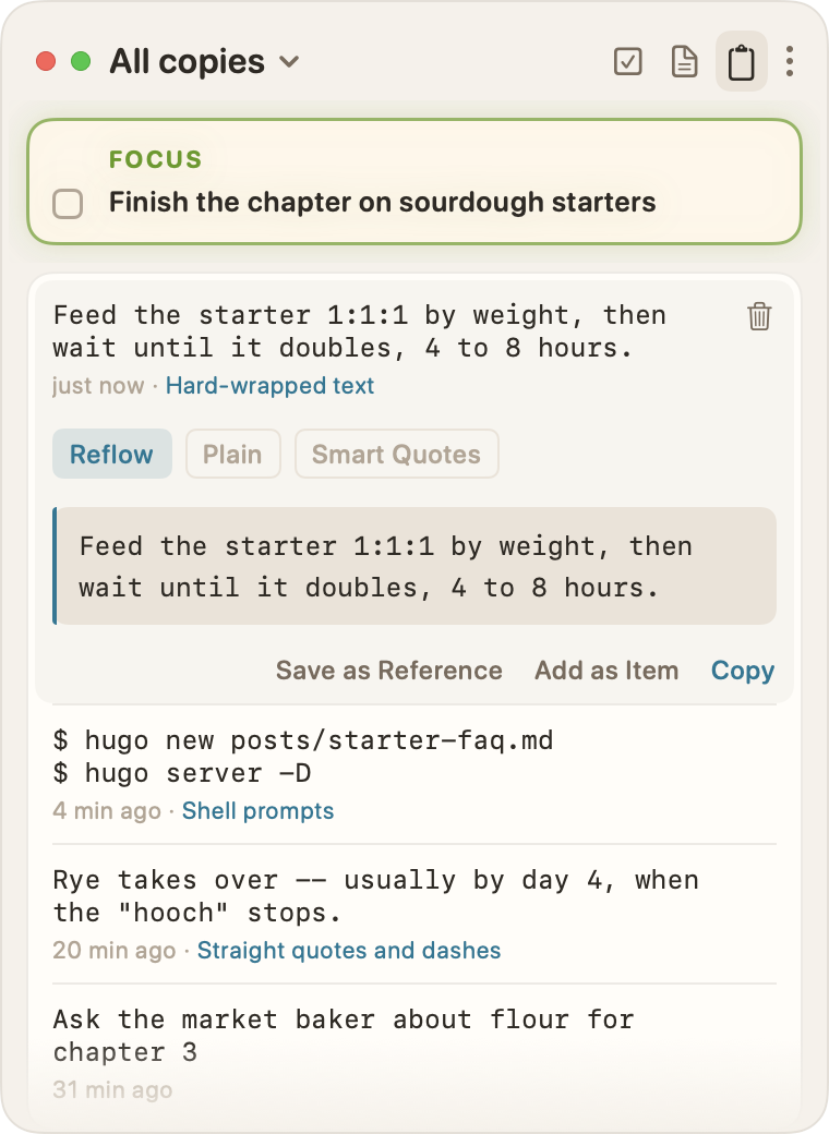Clipboard, All copies: four recent copies, each with what it can fix. The newest, hard-wrapped text, is open, with Reflow showing it as one paragraph.