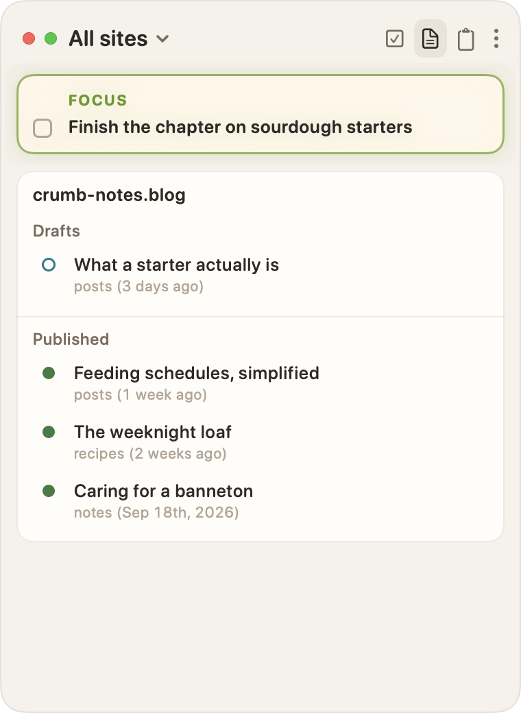 Posts, All sites: crumb-notes.blog with one draft and three published posts, each with its section and date.