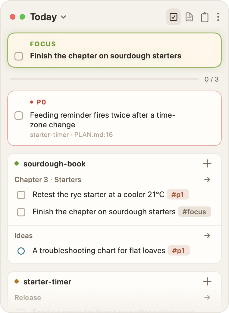 Tasks, Today: the focus, Finish the chapter on sourdough starters, then a #p1 task in sourdough-book and a #p0 bug in starter-timer’s Release phase.